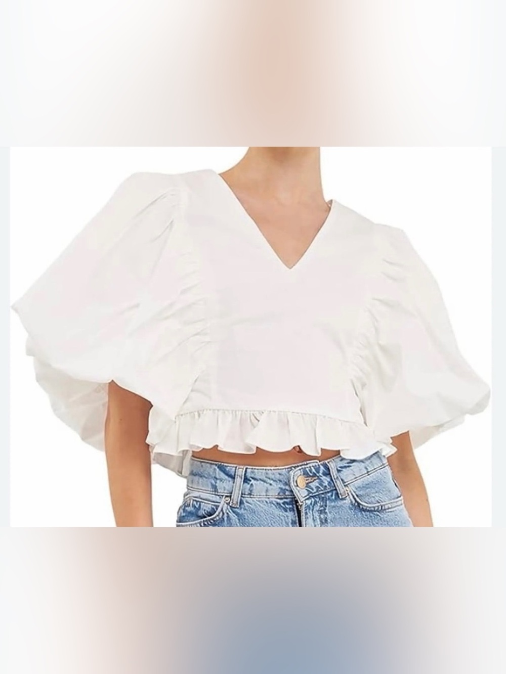 Endless Rose White V Neck Puff Sleeve Cropped Shirt - Size M